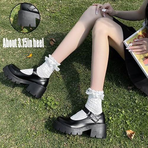 Women's Leather Chunky Platform Mary Jane Shoes Classic Round Toe Ankle Strap Chunky Heel Lug Sole Work Dress Pumps4