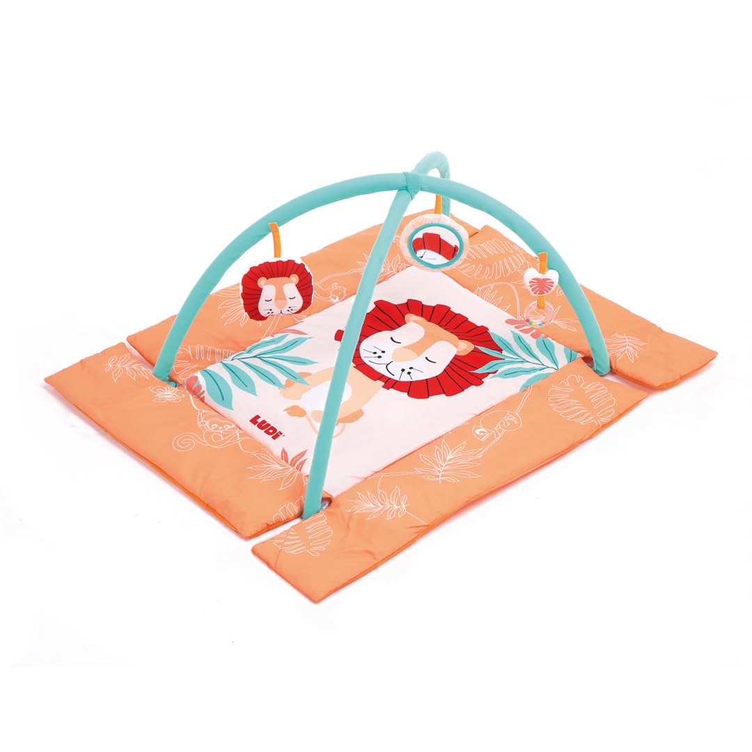 Ludi - Tapis Lion - Tapis Éveil Bébé - Moelleux Et Doux - Dès La Naissance - Développe Motricité, Dextérité Et Acuité Visuelle - Tapis, 2 Arches Amovibles Et 3 Activités Suspendues - 110 x 48 x 90 cm