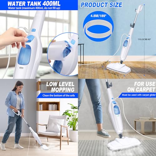Floor Steamer Mop Steam Mop for Hard Cleaner,Steam Cleaner Electric Mop Wet Dry Dust Flat Cleaning Mop with 400 ML Tank,Tile Floor Cleaner for Laminate Floors - Image 4