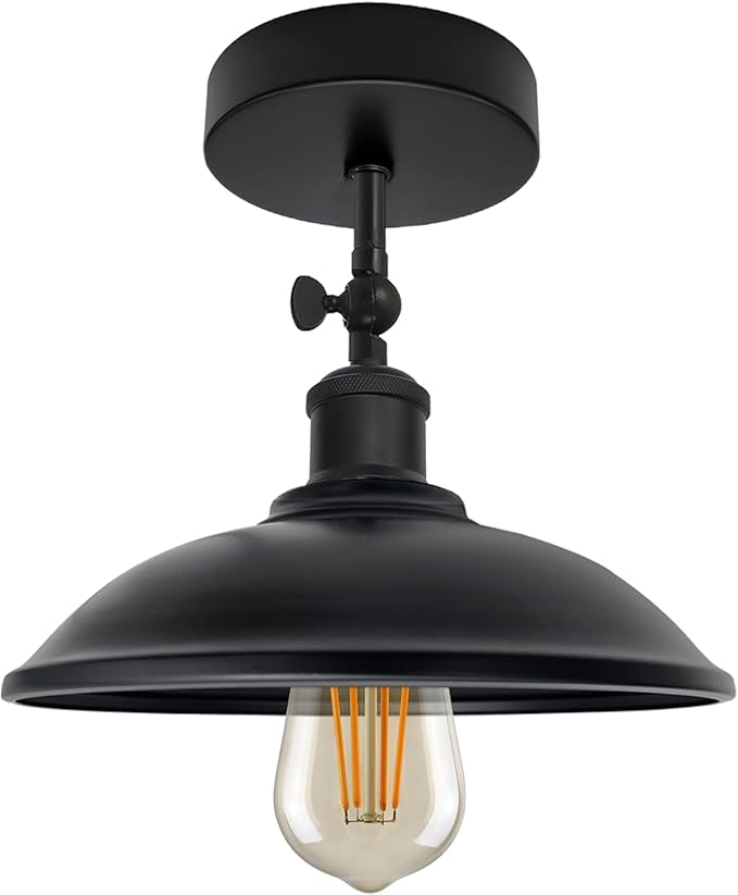 DC VOLTAGE DC Voltage Retro Stijl Semi-Flush Mount Plafondlamp, Hoek Verstelbare Vintage Industriële Dicht bij Plafond E27 Hal lamp voor Trap Slaapkamer Keuken Badkamer + Gratis Lamp (Zwart 24cm)