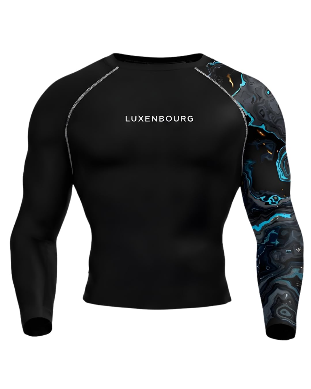 luxenbourg Mens Gym Compression T-Shirt | Polyester Full Sleeve Sports Wear and Rash Guard for Training Workout and Athletic Activewear | Black with Sky Blue Printed Sleeve-picture-19