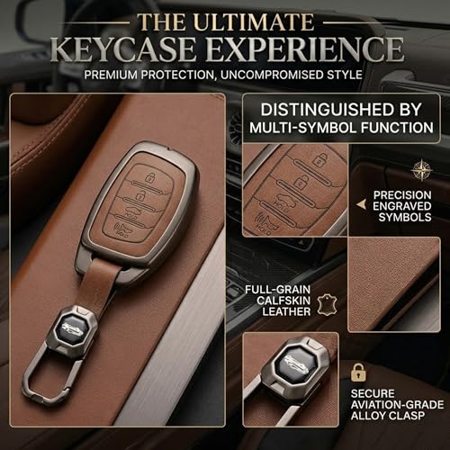 Image of Coll of Fest Premium Metal Leather Key Cover Compatible with Hyundai Creta | Venue | i20 | Tucson | Elantra | Alcazar | Creta 2022 4 Button Smart Key