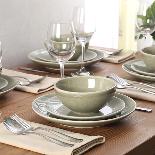 Image of Gibson Elite Castle Peak Plates and Bowls Set, 12-Piece Dinnerware Set, Green Reactive Glaze Stoneware Dishes, Dinner Plates, Salad Plates & Cereal Bowls