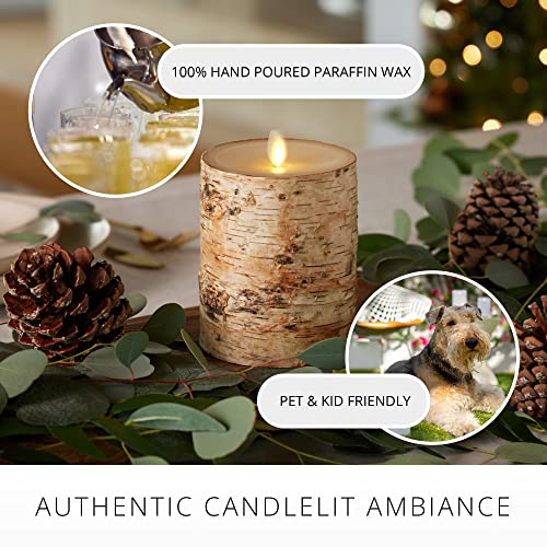Luminara Realistic Artificial Flame Pillar Candle Wrapped With Real Birch Bark - Moving Flame Led Battery Operated Lights - Unscented - Remote Ready - Remote Sold Separately - 4.0" X 7.0" #TOP4