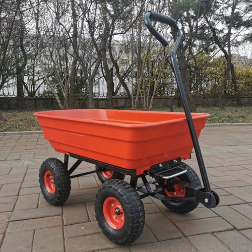 Carretilla de Jardín con 4 Ruedas Neumáticas, Estructura de Acero Resistente, Bandeja de Plástico, Mango Ergonómico para Transportar Herramientas, Plantas y Hojas