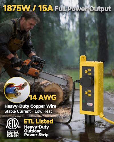 Image of Outdoor Extension Cord, 3 Wide Outlets, 1875W /15A, 10FT 14AWG Heavy Duty SJTW Power Strip with Surge Protector, All-Weather & IP66 Fully Waterproof, Ideal for Patio, Garden, Pool, RV, Yellow