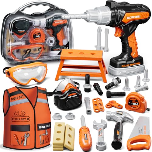 KidBloom Werkzeugkoffer Kinder Geschenk Junge 3 Jahre, Kinderspielzeug ab 3 Jahre mit Bohrmaschine und Bauarbeiter Kostüm Kinder, Spielzeug ab 3 4 5 Jahre Junge
