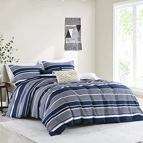 Navy Queen Duvet Cover Set - 100% Cotton Duvet Cover Queen Size,3 Piece Navy Striped Duvet Cover Queen,Simple Modern Farmhouse Queen Duvet Cover With Zipper Closure #TOP1