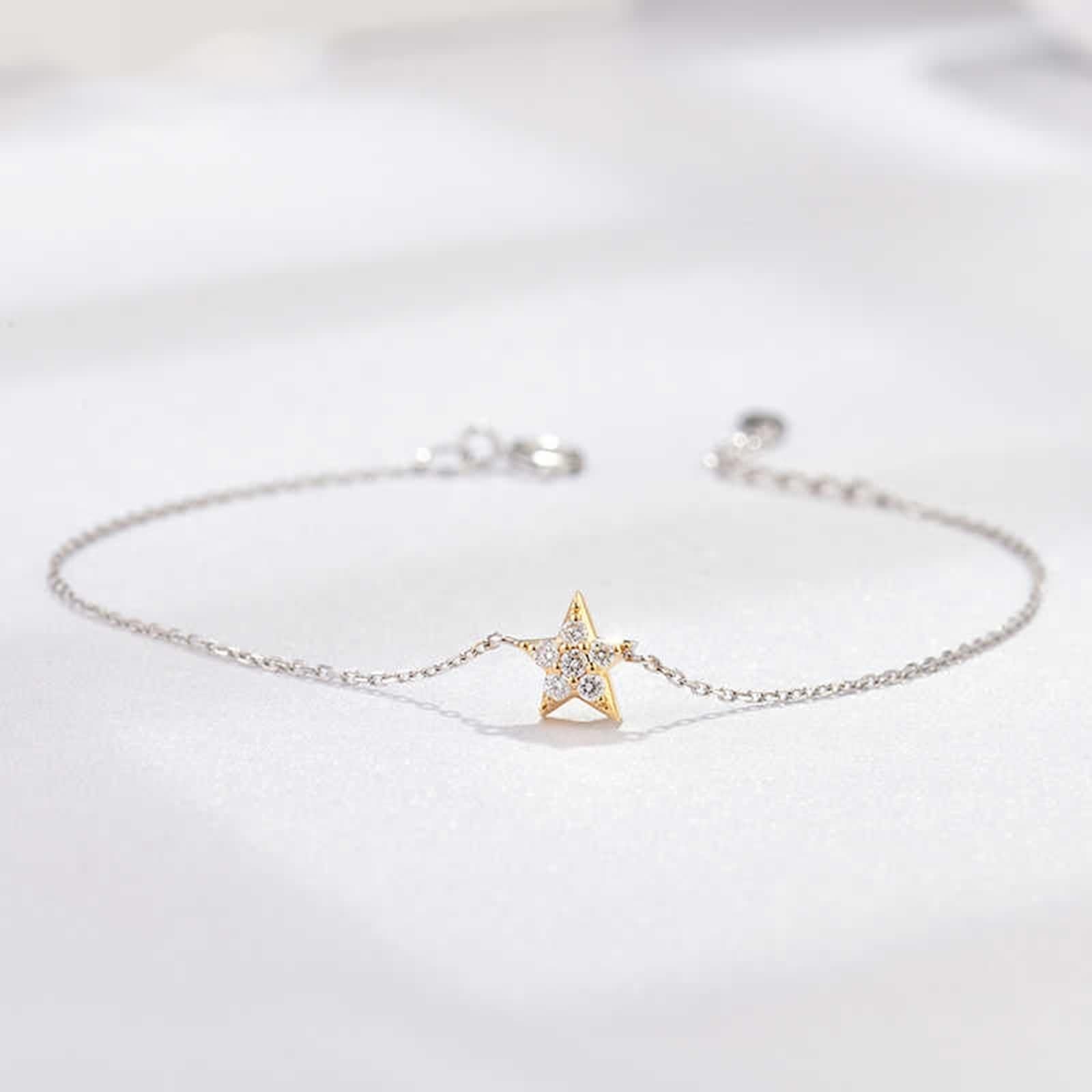 Pulseras de moda para mujer, pulsera de promesa con diamantes blancos de 0,08 quilates, cadena de estrella de oro amarillo y oro blanco