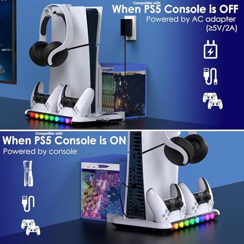 Image of PSS Compatible with PS 5 S tand for PS 5 / PS5 Slim Console Disk /Digital Cooling Stand 3 Levels Fan RGB LED, Dual Controller Charging Station for PS5 Accessories,Headset Holder, 13 Game Disk Stand