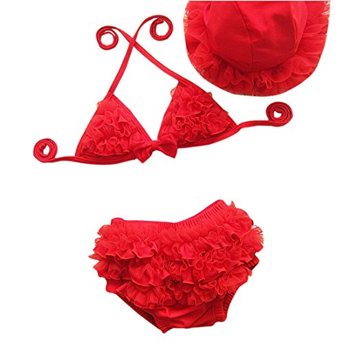Bebone Baby Girls Lace Bowknot Strap Bikini with Hat (Red, 1-2T)