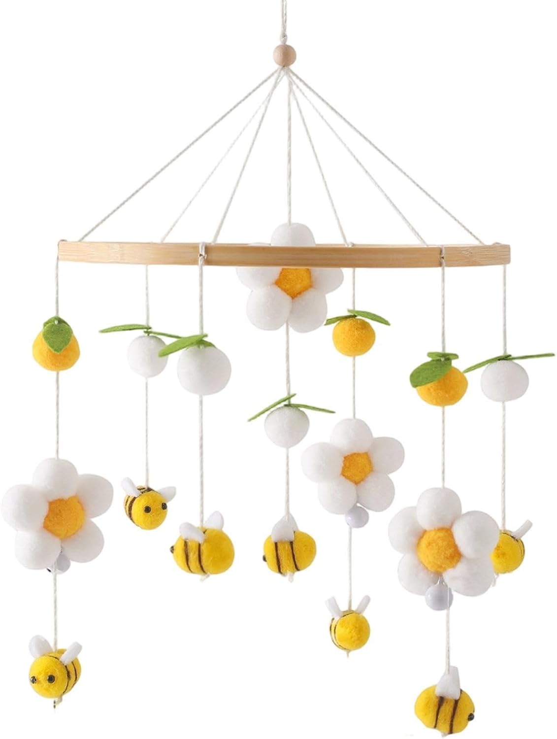 Mobile for Bassinet, Wooden Crib Toy with Pom-Poms Flowers Bees Decor 16in