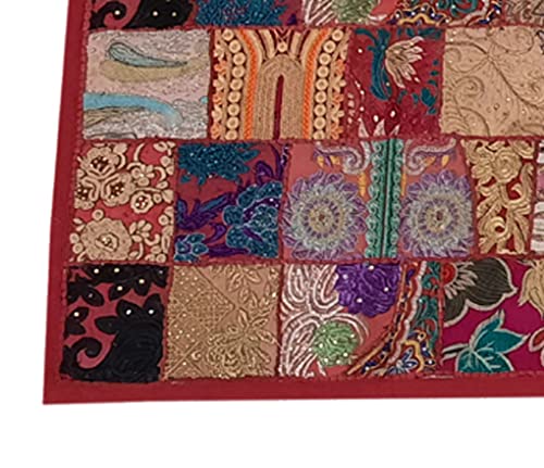 Image of Ekam Art Rajasthani Handmade Embroidery Cotton Patchwork Tapestry Cotton Wall Decor Hanging Beaded Tapestries 40 X 60 Inch (Red, Rectangular)