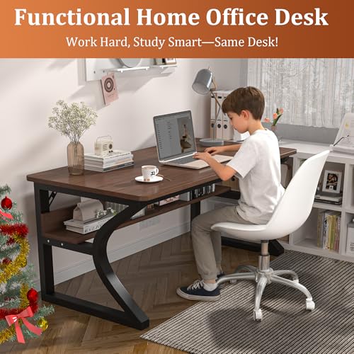 Image of 47 inch Computer Desk, Home Office Desk with Storage Shelf, Sturdy U-Shaped Metal Frame Study Table with Cable Management, Gaming Desk for Office & Bedroom (Deep Walnut, 47inch)