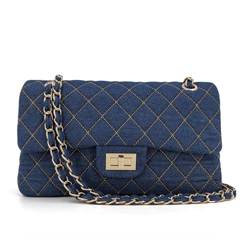 Quilted Denim Crossbody Bags for Women, Chain Strap Shoulder Bags, Medium Double Flap Purse, Gold Hardware Jean Purse