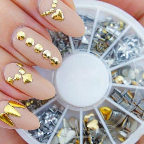 120 Pcs/Roue Nail Art Bijoux DIY Métal Stud Autocollants Doré Argent Métal Nail Art Autocollants Décor Conseils Paillettes Ongles Métalliques Goujons Nail Art Décoration Roue Cadeau Aléatoire (Aléat Cover