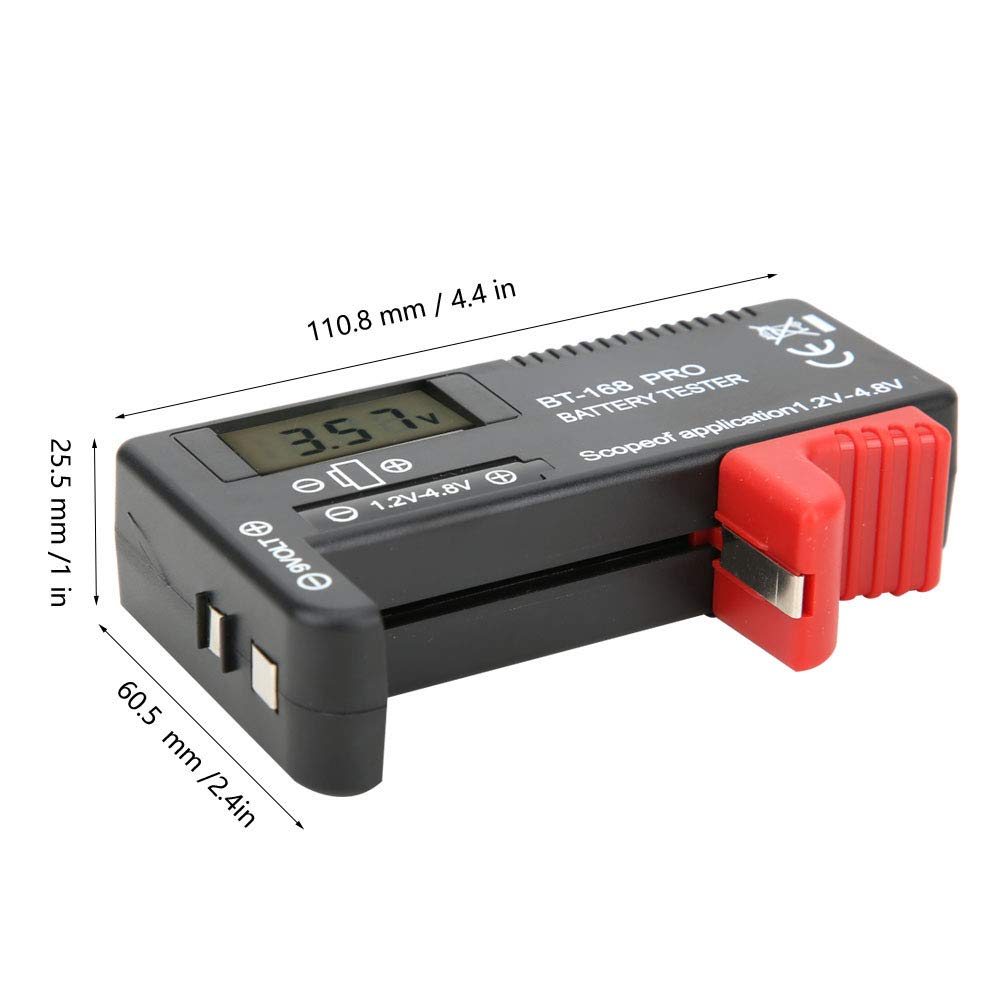 CFTGIW 168Por Battery Tester with dimensions labeled: 110.8 mm / 4.4 in length, 60.5 mm / 2.4 in width, 25.5 mm / 1 in height.