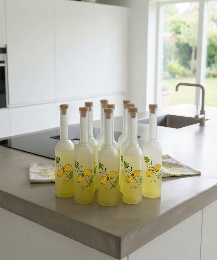 Bottiglia per Liquore Satinata con Decoro Limoni 500 ml | Confezione da 10 pezzi, Altezza 30-31 cm, Finitura opaca satinata, Ideale per Limoncello, Tappo in Sughero