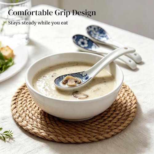 Image of DOWAN Soup Spoons, Asian Ceramic Soup Spoon, with Long Handle Easy to Hold, Non-slip Bottom, Japanese Spoon for Ramen Pho Wonton Dumpling Miso, Set of 4