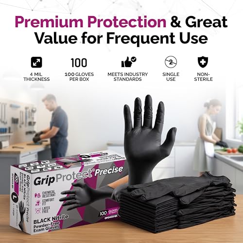 Image of GripProtect Precise Black Nitrile Gloves 4 Mil, Chemical Resistant Gloves | Textured Grip for Mechanics, Tattoos, Food Prep & Cleaning - Medical Grade Disposable Gloves, Large Bulk Case of 1000