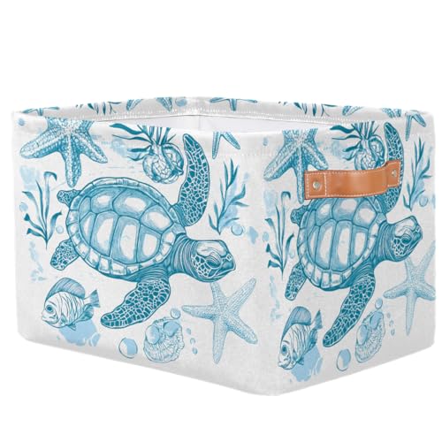 Image of Sea Turtle Storage Baskets for Organizing, Fabric Collapsible Storage Bins Box Ocean Animal Fish Decorative Toy Organizer Baskets for Closet Shelves Gift Basket 1 Pc