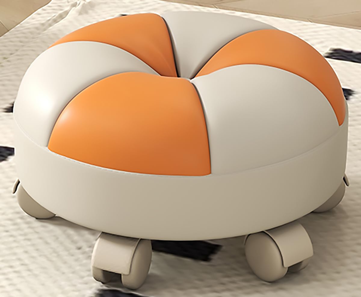 Low Rolling Stool with Wheels - Swivel Caster Leather Seat for Home Office Fitness Garage - Compact Orange Rolling Stool for Easy Mobility & Comfort