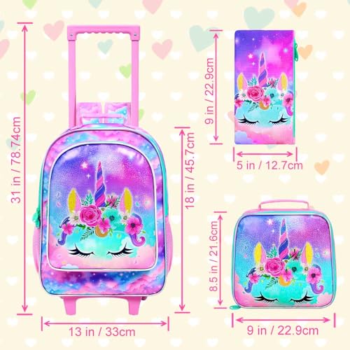 AGSDON 3PCS Rolling Backpack for Girls and Boys, Kids Roller Wheels Bookbag, Wheeled Elementary School Bag with Lunch Bag4