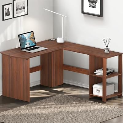 SHW 51 x 51 L-Shaped Home Office Wood Corner Desk with Storage, Walnut