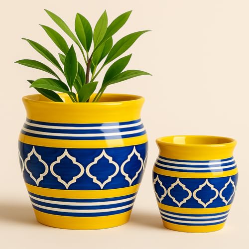 Image of Niyara Stylish Ceramic Pots Planters for Indoor Plants,Succulent,Outdoor,Balcony,Home,Garden,Office Size - 7 inches & 5 inches (Moroccan Yellow & Blue Set of 2)