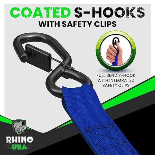 Image of Rhino USA Retractable Ratchet Straps (2-Pack) - 1 Inch x 10 Feet (1,209lb Break Strength) - Auto Self Retracting Tie Down Straps for Truck, Cargo Trailer, Motorcycle, ATV, UTV - Blue