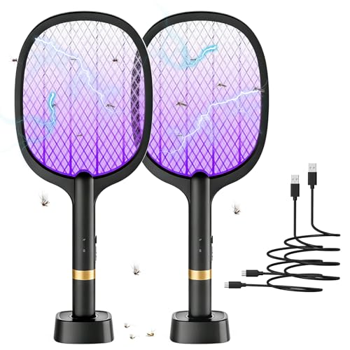 TEINNGO Matamoscas eléctrico, extrafuerte, atrapamoscas eléctrico con base de carga USB C, 2 en 1 eléctrico, matamoscas para mosquitos, moscas, abejas, polillas, 2 PS, negro
