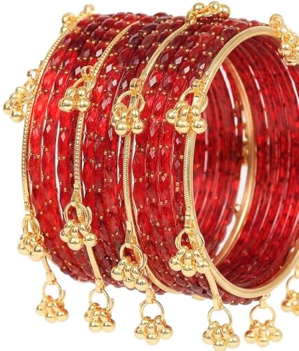 Image of JPS 16 Pcs Trendy Stylish Glass & Kashmiri Ghungroo Bangles Set for Women & Girls | Gold-Plated Traditional Festive Wedding Party Jewellery Chudi Set (12 Glass + 4 Metal)
