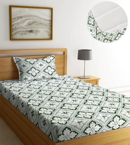Image of NHD HOME Premium Microfiber Elastic Fitted Bedsheets with 1 King Size Pillow Covers | Single Mattress Bed with All Around Elastic 200 TC Supersoft | Size - 72 x 36 +6 inches |Green & White