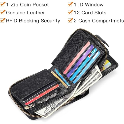 Genuine Leather Wallet for Men with Zipper RFID Blocking Large Capacity Bifold Design Coin Pocket and Clear ID Window for Easy Access (Black-3)4