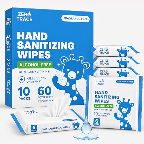 Zero Trace Pocket Hand Sanitizer Wipes Alcohol-Free & Fragrance-Free Kills 99.9% of Germs Safe for Kids & Sensitive Skin Travel Wipes 60 Count (10 Packs of 6) TSA Approved