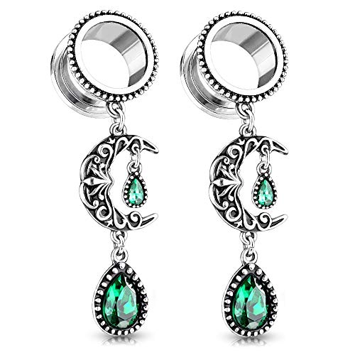 Vintage Filigree Moon Dangling Vibrant Green Stone Set Flesh Tunnel Plugs, Sold as Pair (6mm (2GA))