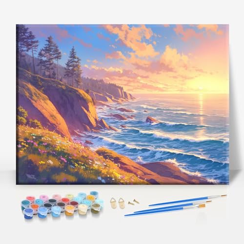 Aeontinity Coast of Maine Scenery Framed Canvas DIY Paint by Numbers Kit Bar Cafe Cave Home Room Wall Bathroom Porch Patio Decor Gift, 16 x 12 Inch