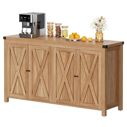 Yitahome FTOFWF-6028 Farmhouse Sideboard Buffet Cabinet With Storage With 4 Doors, 55'' Large Kitchen Storage Cabinet, Wood Coffee Bar Cabinet With Adjustable Shelf For Kitchen, Living Room, Oak thumb #7