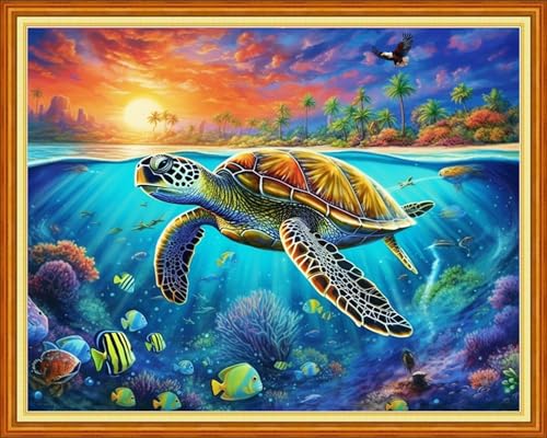 Image of DMCVIVR Stamped Cross Stitch Kits for Beginners Adults Needlepoint Kits for Beginners Embroidery Kits for Adults Crossstitch Kit for Beginners 11CT-Colorful Turtle 16x20 inchs