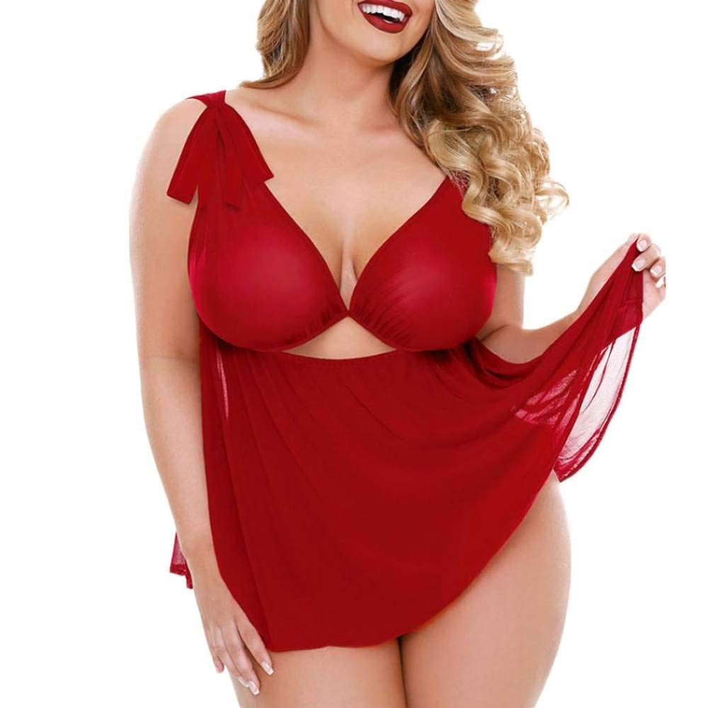 Set Taglie Forti da Donna Indumenti da Notte Abito in Rete Trasparente con Scollo all'Americana Set Camicia da Notte con Perizoma (Rosso 3XL)