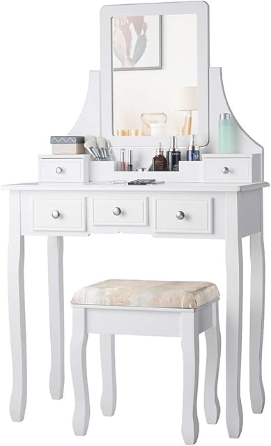 COSTWAY Dressing Table Set, Wooden Detachable Makeup Dresser Table Stool with Mirror, Home Bedroom Vanity Cosmetic Furniture Gift for Girls Women (without LED Lights)