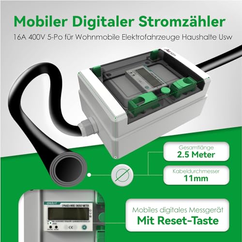 AIFIZO Mobiler Digitaler Stromzähler mit Reset 2m, 3 Phasen 16A 400V CEE-Stecker und Kupplung Drehstromzähler, IP55 CEE Adapter Stromzähler für Steckdose