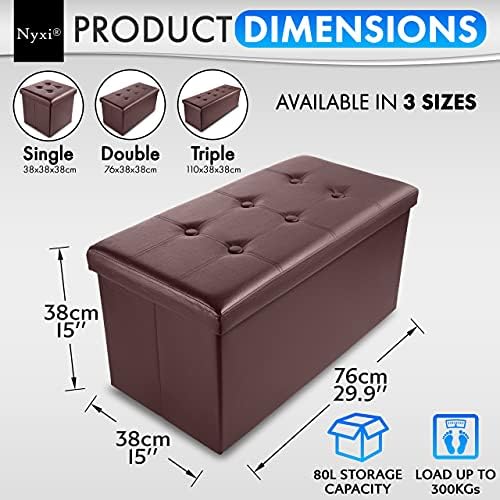 Nyxi Faux Leather 76 * 38 * 38cm Brown Ottoman Foldable Storage Boxes Seat Foot Stool Storage Box with Lids for Kids Toys, Bedroom, Hallway, Living Room