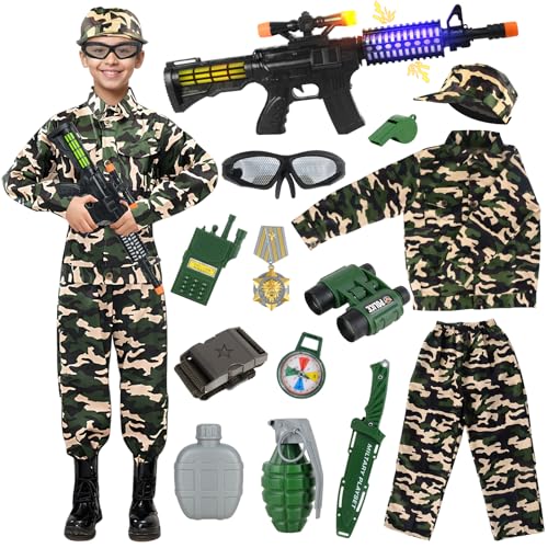 Deguisement Militaire Enfant Costume Militaire Enfant, Camouflage Tenue Militaire Déguisements pour Enfants,Costume Armée Soldat Mitraillette Jouet Télescope Walkie Talkie pour Halloween Carnaval