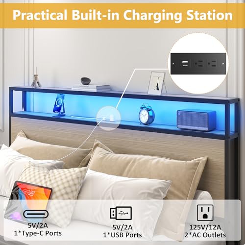 Image of Lifezone Full Bed Frame with 2-Tier Storage Headboard, Metal Platform Bed Frame with 4 Storage Drawers, Built in Charging Station & LED, Noise-Free /Metal Support /No Box Spring Needed, Beige