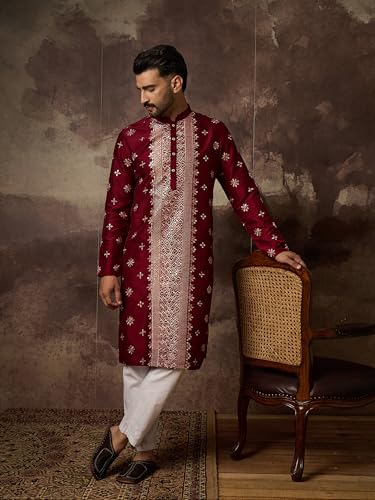 Image of Men's Solid Calf Length Silk Blend Embroidered Kurtas | Men | Kurtas for Mens | Straight Fit Kurta for Men's