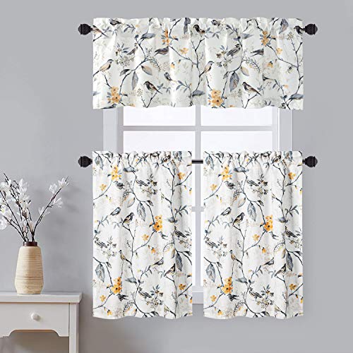VOGOL Rod Pocket Kitchen Curtains and Valances Set, Birds Printed Tiers Valances for Windows for Kitchen Bathroom, 52 x 18 & 30 x 36, 3 Panels