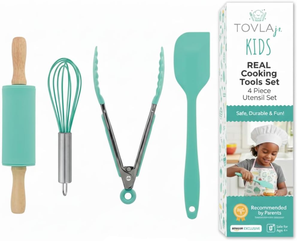 Kids Cooking Utensils Set - 4-Piece Kids Kitchen Tools - Safe Baking Set - Food Grade Toddler Chef Supplies - Gender Neutral Silicone Cookware Kit with Spatula Whisk Tongs Rolling Pin