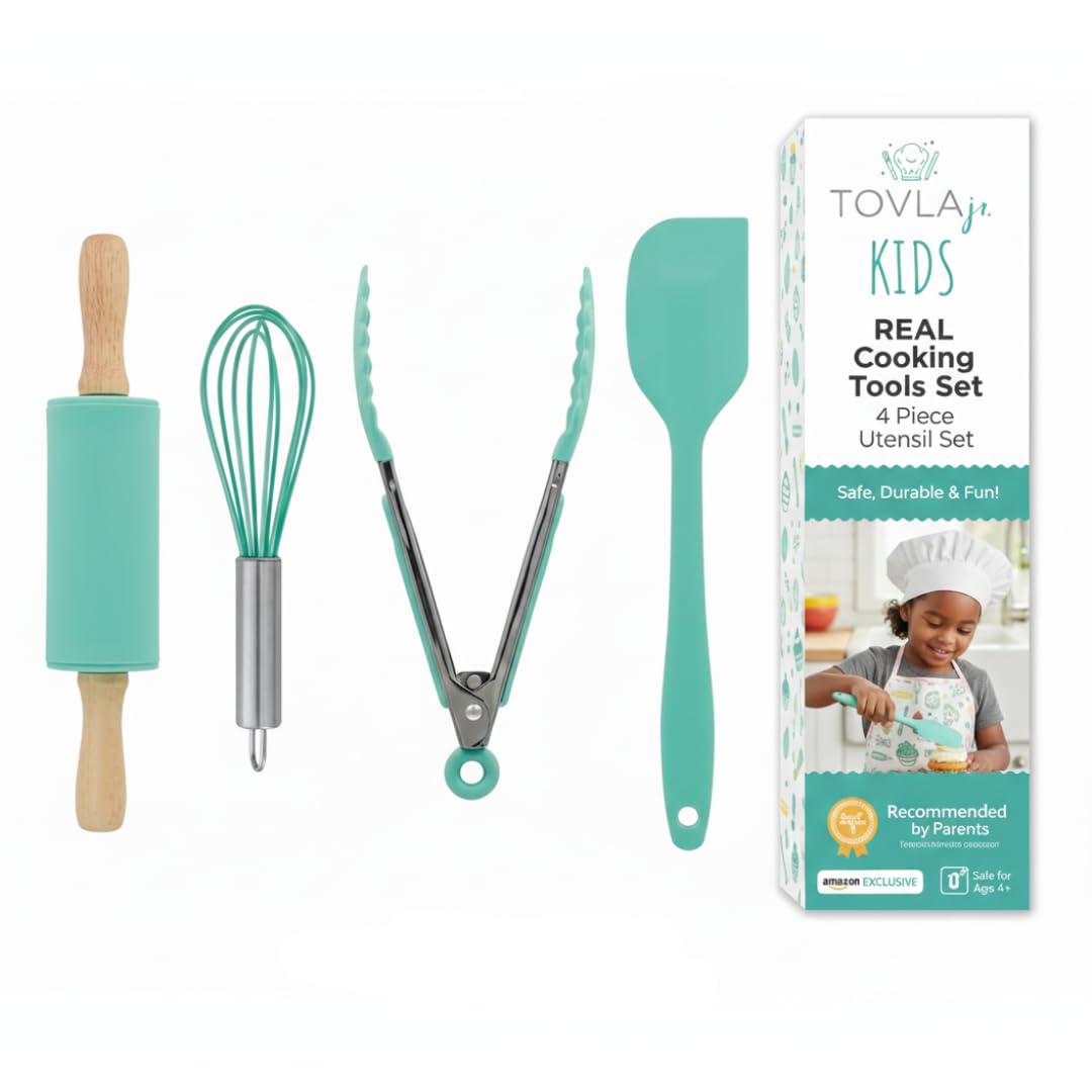 Tovla Jr. Kids Cooking Utensils Set - 4-Piece Kids Kitchen Tools - Safe Baking Set - Food Grade Toddler Chef Supplies - Gender Neutral Silicone Cookware Kit with Spatula Whisk Tongs Rolling Pin