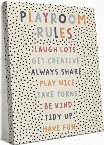 Image of Kids Playroom Canvas Wall Art, Neutral Playroom Rules Painting Picture Wall Decor, Boho Classroom Educational Poster Print Artwork for Classroom, Nursery, Toddler Home Decoration, 12x16in Framed